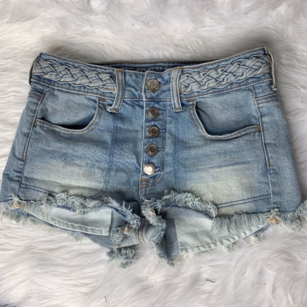 American Eagle Denim Shorts Womens 2 Light Wash Braided Waist High Rise